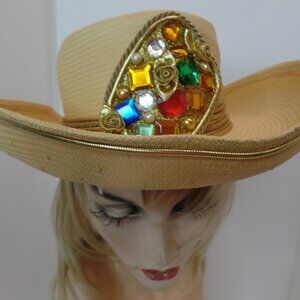 Sonni Michelle McGann Vintage and Bling Detailing W Gold Trim on Brim Straw Hat
